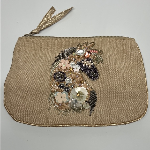 Handbags - Horse Beaded Embellished Beige Clutch